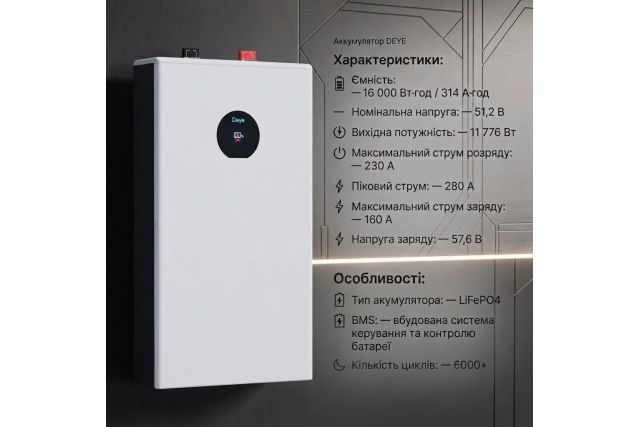 Акумуляторна батарея LiFePO4 Deye SE-F 16-C 16,08 кВт·год 48В 3
